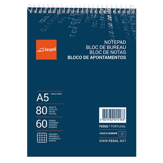 Picture of BLOCO APONTAMENTOS A5 FEGOL ESPIRAL 80FOLHAS XADREZ