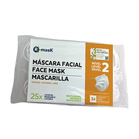 Picture of PACK 3 MÁSCARAS REUTILIZÁVEIS NÍVEL 2 (25 LAVAGENS) BRANCAS TAMANHO CRIANÇA
