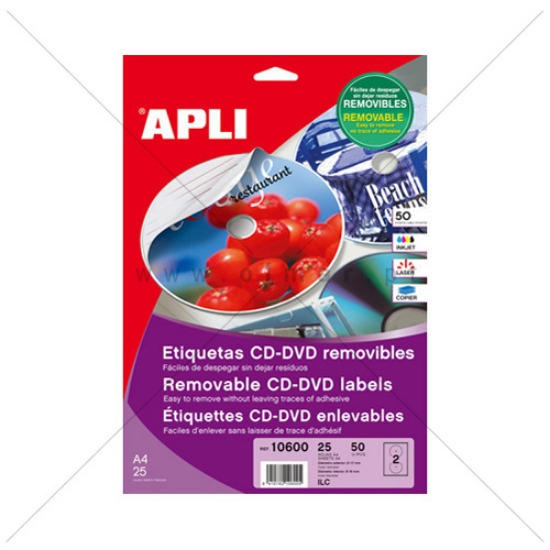 Imagem de ETIQUETAS A4 BRANCAS PARA CD/DVD 117MM APLI 10601 (CAIXA 25FOLHAS=50ETIQUETAS)