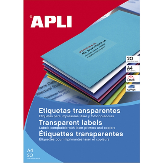 Picture of ETIQUETAS APLI A4 210X297MM TRANSPARENTE LASER REF.01225 (PACK 20FLS/20ETIQ.)