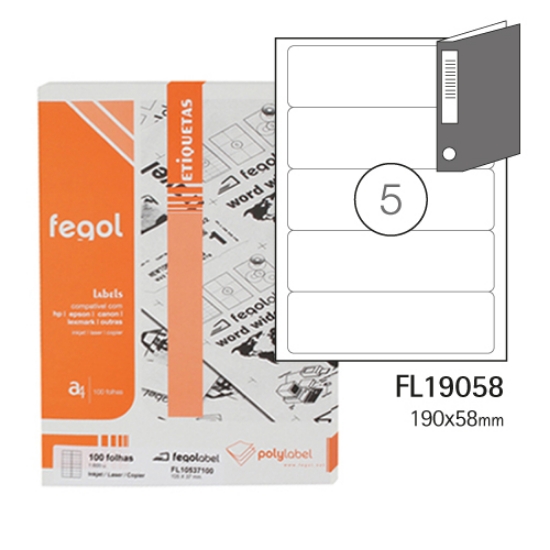 Picture of ETIQUETAS FEGOLABEL A4 190X58MM BRANCA (CAIXA 100FOLHAS=500ETIQ.)