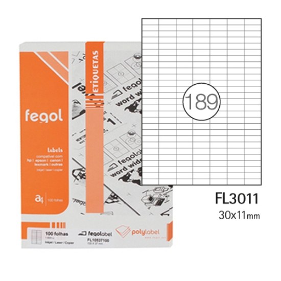 Picture of ETIQUETAS FEGOLABEL A4 30X11MM BRANCA (CAIXA 100FOLHAS=18900ETIQ.)