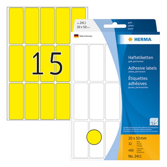 Imagem de ETIQUETAS HERMA A5 20X50MM AMARELA REF.2411 (CARTEIRA 32FOLHAS/480ETIQ)